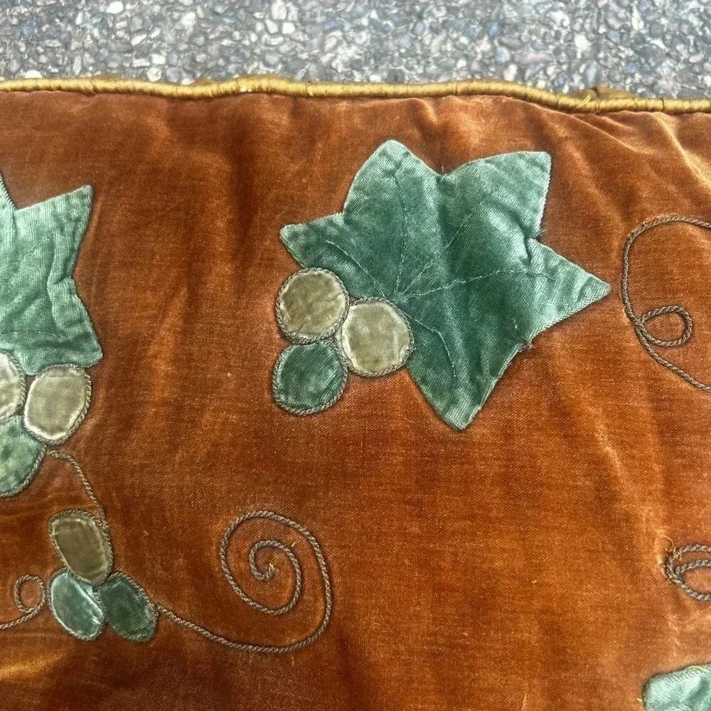 Victorian Antique Handmade Velvet Grapes Vines and Leaves Satin Backed Pillow